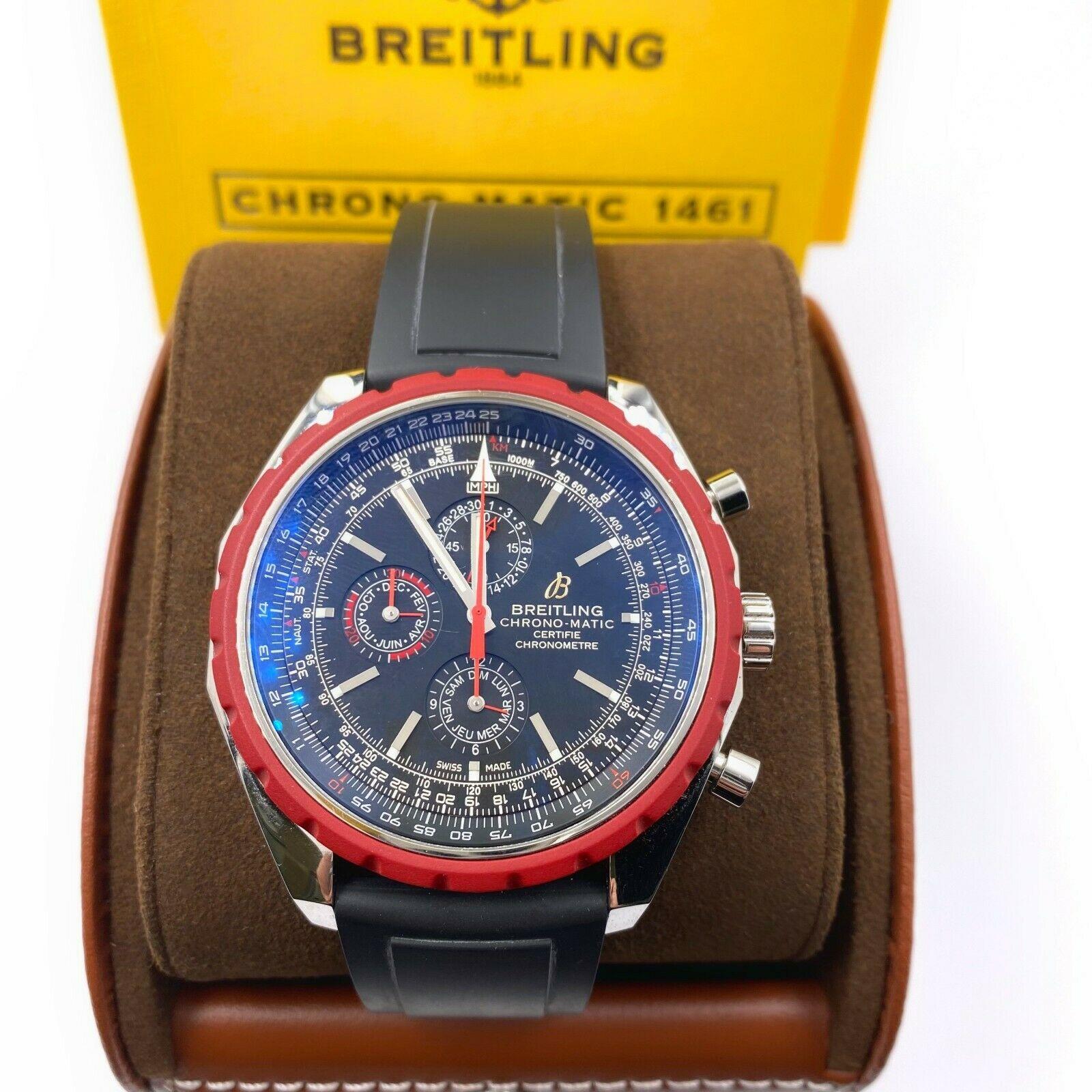 Breitling Chronomatic A19360 Black Dial Rubber Strap Box Papers In Excellent Condition In San Diego, CA