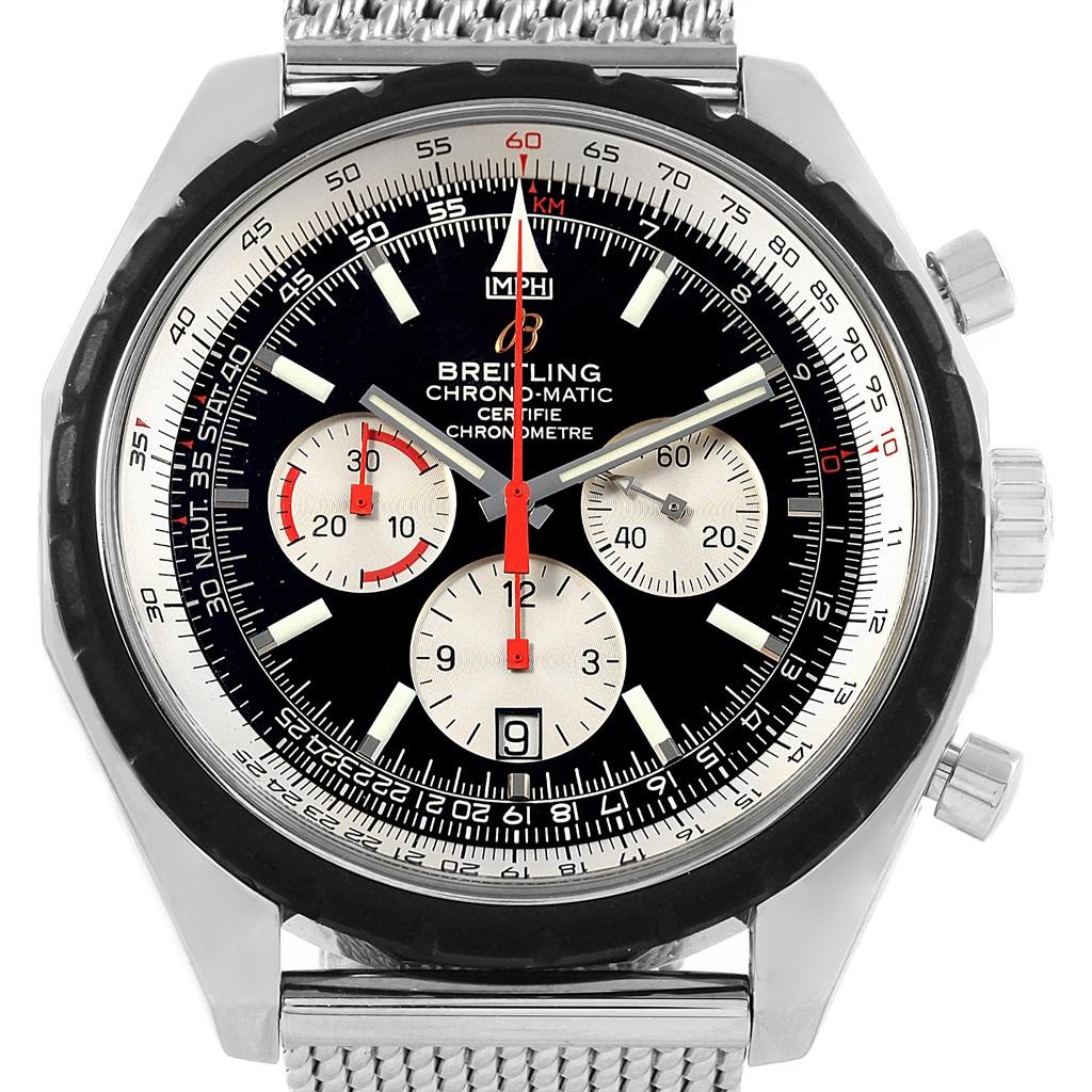 Breitling Chronomatic Chronograph Mens Watch A41360. Self-winding automatic officially certified chronometer movement. Chronograph function. Stainless steel case 49 mm in diameter. Stainless steel bidirectional revolving reeded slide-rule pilot