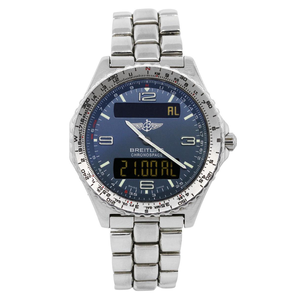 Brand: Breitling
Model: Chronospace A56012.1
Case Material: Stainless steel
Case Diameter: 41.5mm
Crystal: Cambered Glareproof Sapphire
Bezel: Stainless Steel Bi-directional Rotating
Dial: Blue dial with Perpetual Calendar Digital Digital Countdown