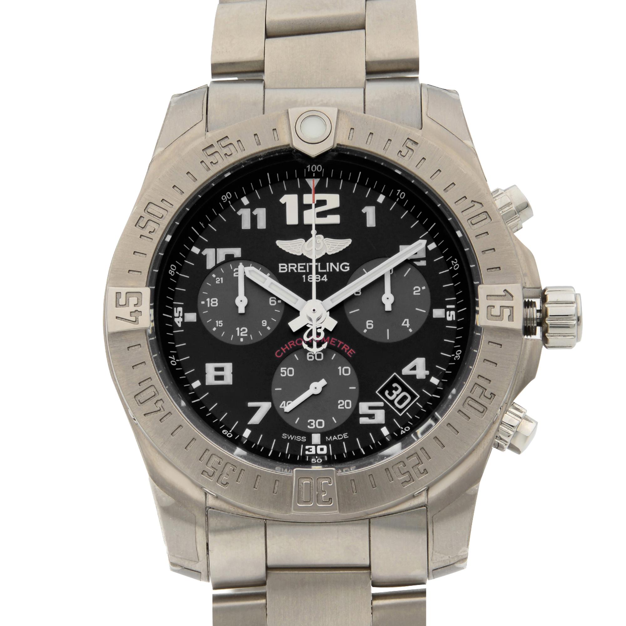 This display model Breitling Chronospace EB601010/BF49-152E is a beautiful men's timepiece that is powered by quartz (battery) movement which is cased in a titanium case. It has a round shape face,  dial and has hand arabic numerals style markers.