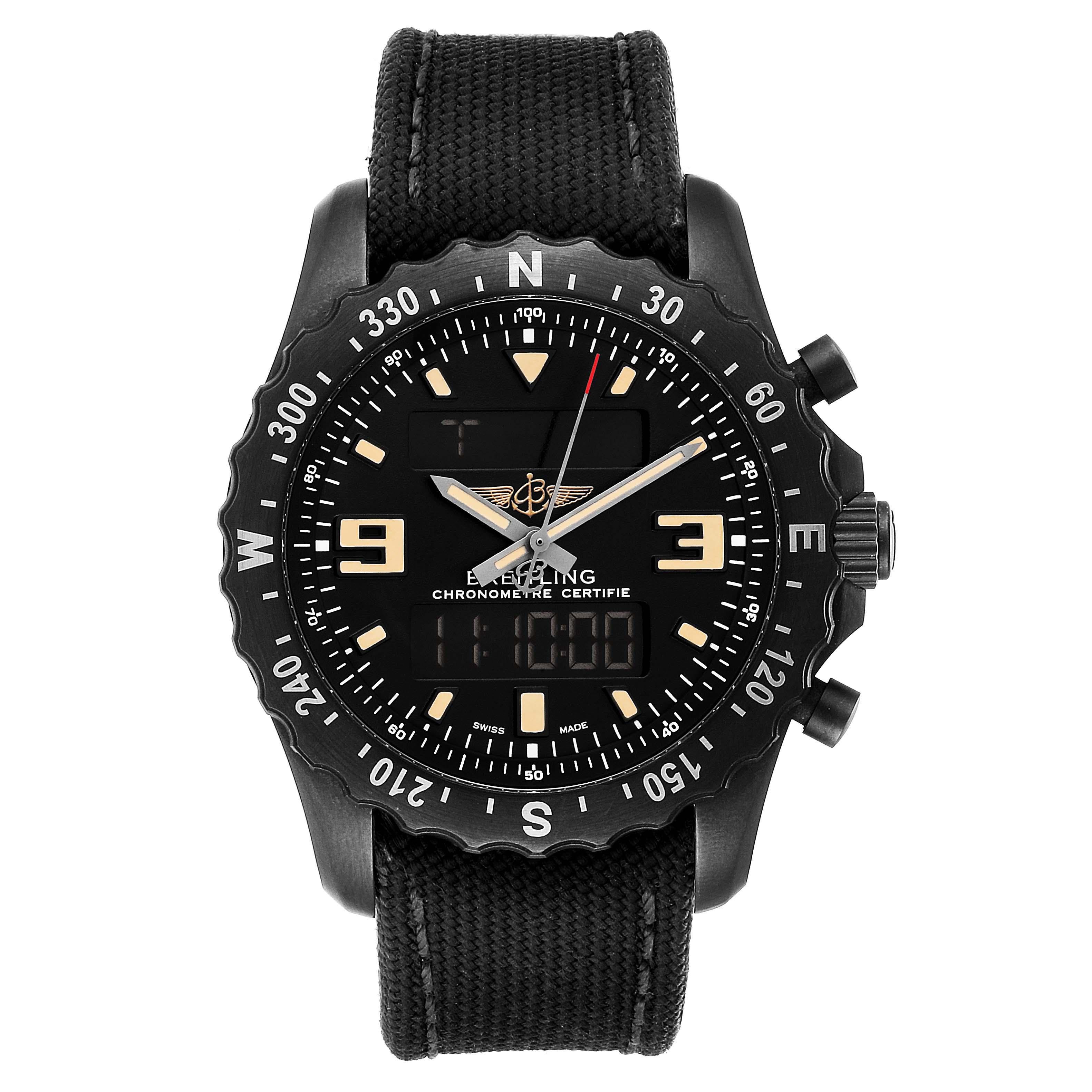 Breitling Chronospace Military GMT Alarm Blacksteel Mens Watch M78366. Quartz movement. GMT second time zone and Alarm feature. Perpetual Day and Date calendar. Backlight feature. Black steel case 46 mm in diameter. Case thickness 15.6mm. Breitling
