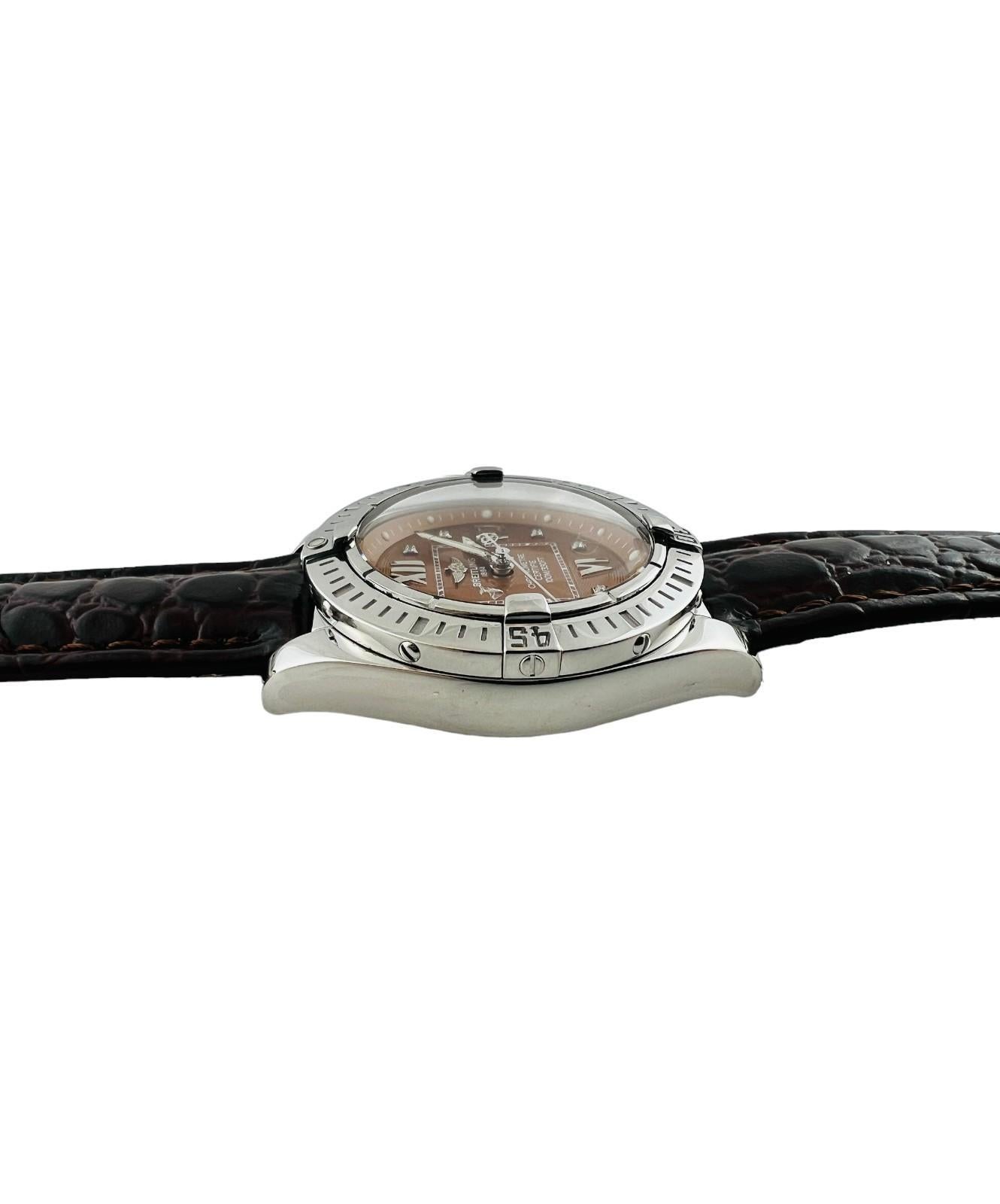 Breitling Cockpit Galactic 32 Ladies Watch

Model: A71356
Serial: 838274

This beautiful ladies Breitling watch is set in a stainless steel case with a diamond copper color dial

Case is 32mm

Quartz movement

New Brown leather band - not