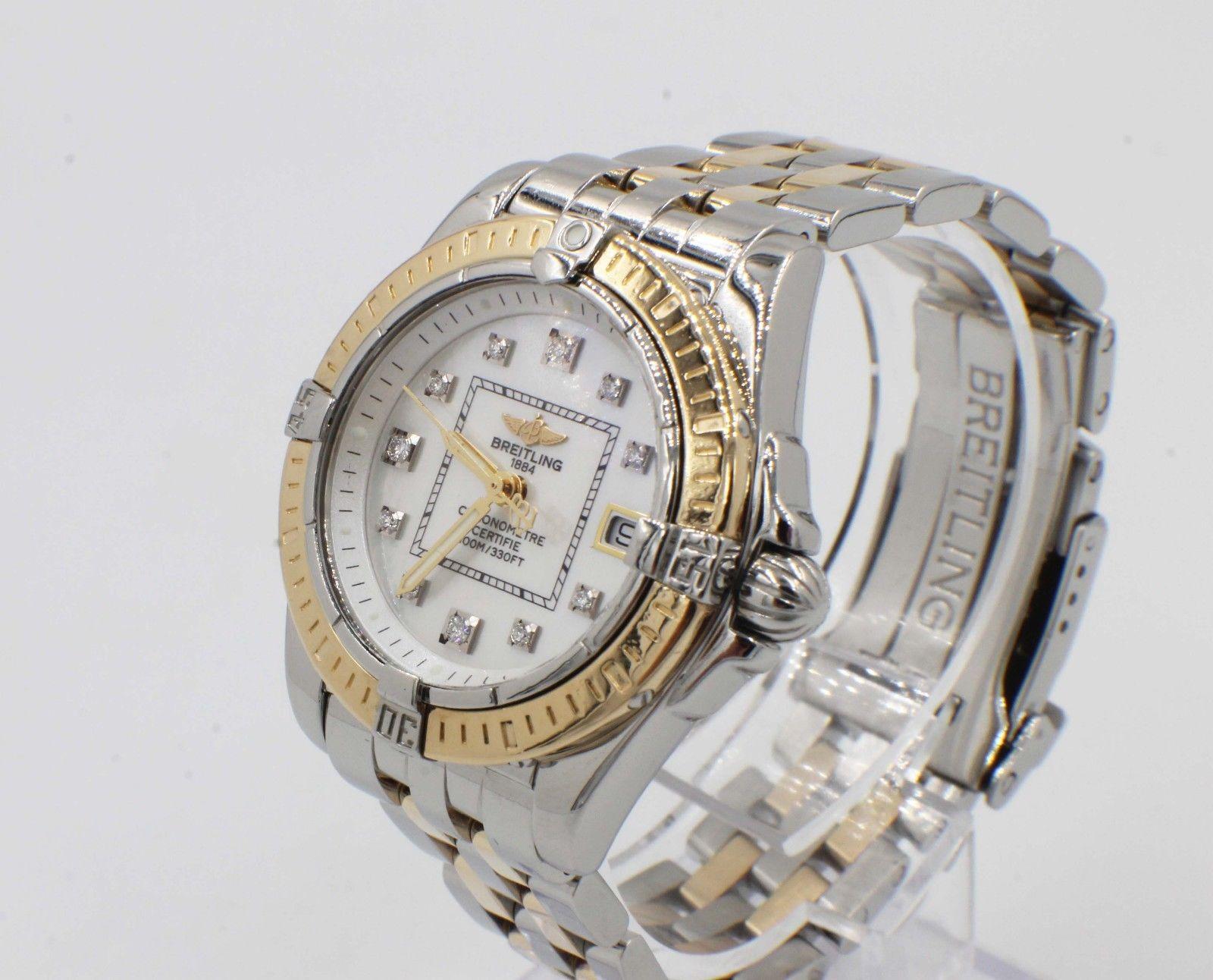 Style Number: D71356

Model: Cockpit 

Case Material: Stainless Steel

Band: 18K Yellow Gold & Stainless Steel

Bezel:  18K Yellow Gold

Dial: Mother of Pearl Diamond Dial 

Face: Sapphire Crystal 

Case Size: 32mm

Includes: 

-Breitling Box &