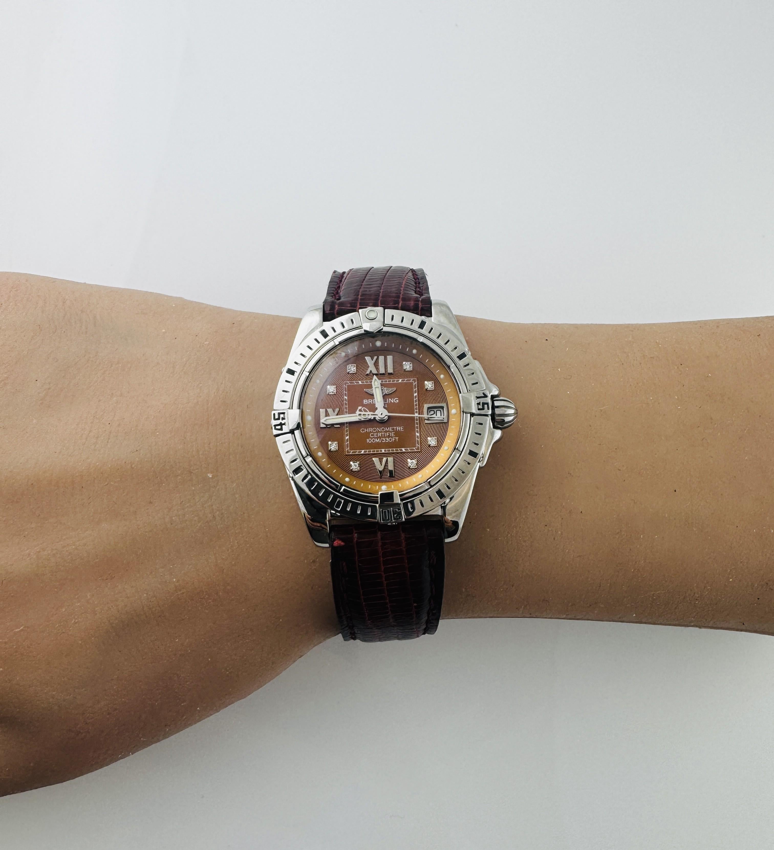 Orologio da donna Breitling Cockpit

Model No: A71356
Seriale: 775819

Questo orologio Breitling cockpit è realizzato in acciaio inossidabile con un cinturino in pelle rossa.

La cassa ha un diametro di 32 mm

Quadrante in bronzo con indici in