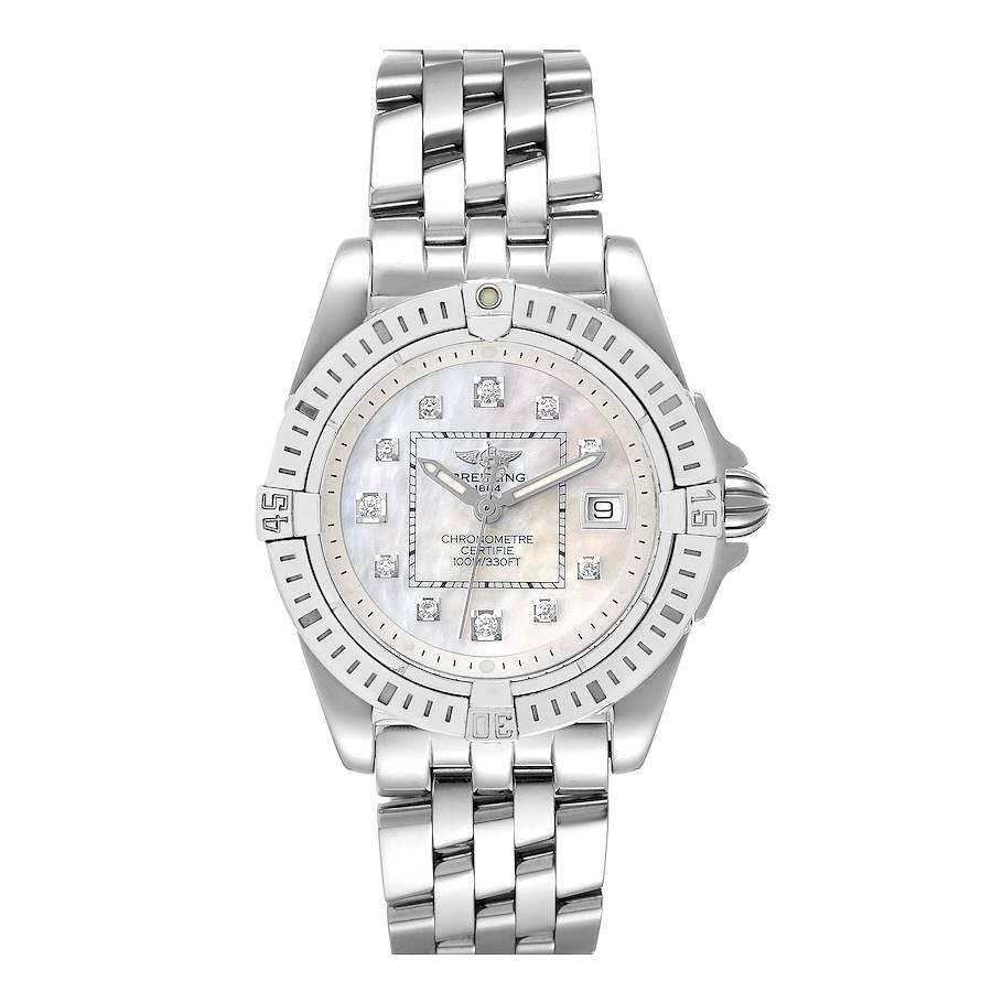 Breitling Cockpit Mother of Pearl Diamond Steel Ladies Watch A71356. Quartz movement. Stainless steel case 31.8 mm in diameter. Unidirectional rotating bezel. Four 15 minute markers. Scratch resistant sapphire crystal. Mother of pearl dial with