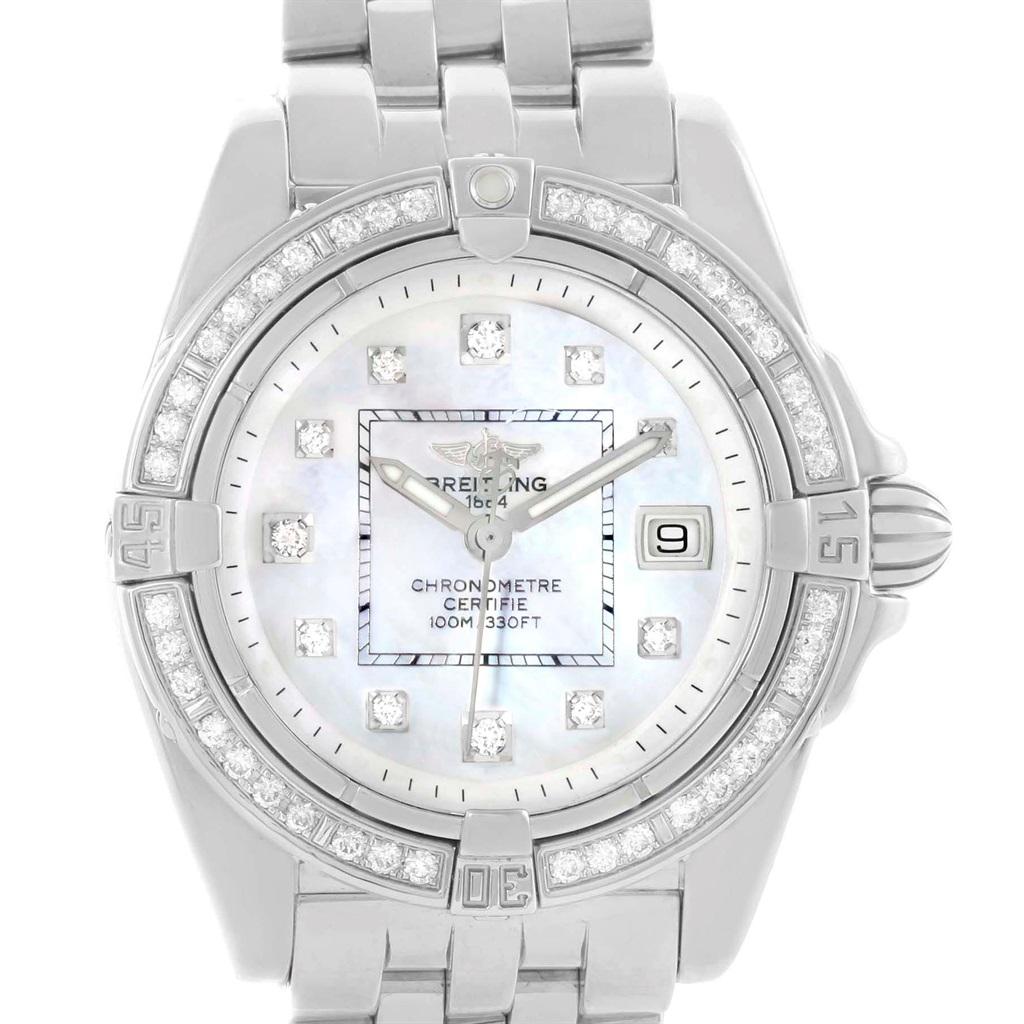 Breitling Cockpit Mother Pearl Diamond Dial Bezel Ladies Watch A71356. Quartz movement. Stainless steel case 31.8 mm in diameter. Unidirectional rotating diamond bezel. Four 15 minute markers. Scratch resistant sapphire crystal. Mother of pearl dial