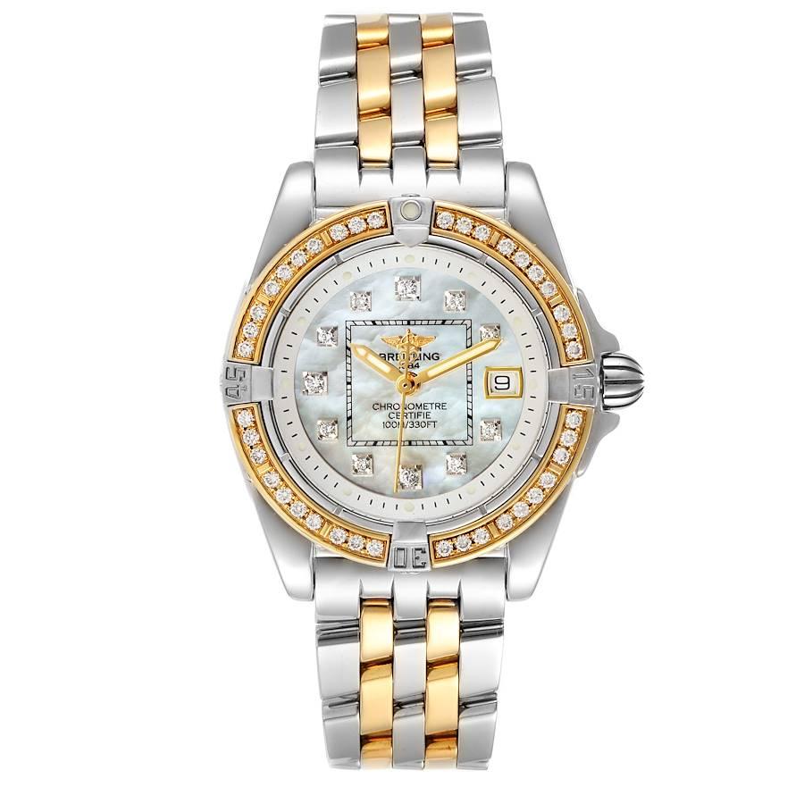 Breitling Cockpit Steel 18K Yellow Gold Diamond Watch D71356 Box Papers. Quartz movement. Stainless steel case 32 mm in diameter. 18K yellow gold unidirectional rotating diamond bezel. Four 15 minute markers. Scratch resistant sapphire crystal.