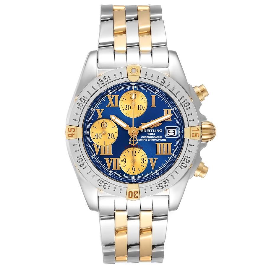 Breitling Cockpit Steel Yellow Gold Blue Dial Mens Watch B13358 Box Papers. Automatic self-winding chonograph movement. Stainless steel and 18K yellow gold case 39.0 mm in diameter. Stainless steel unidirectional rotating bezel. Four 18K yellow gold