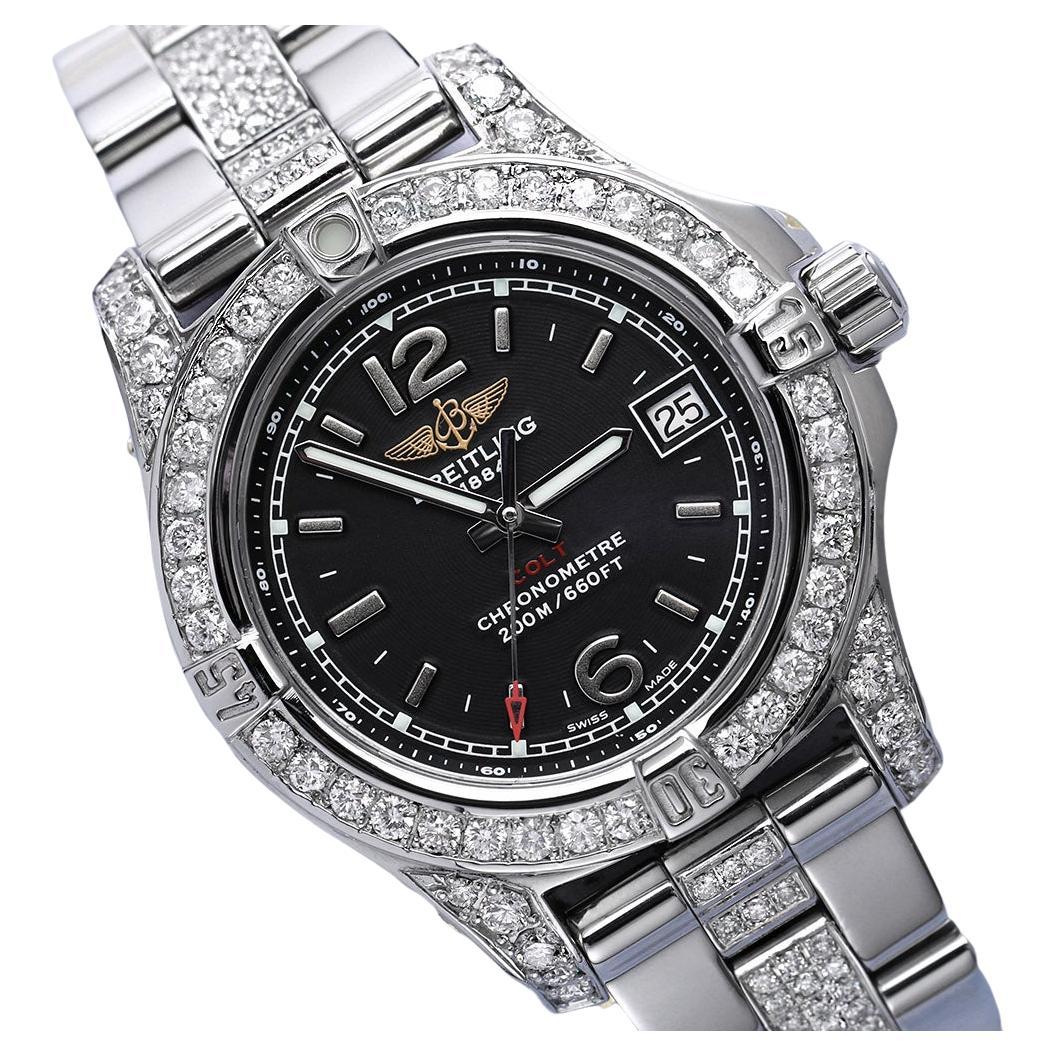 Breitling Montre pour femme 33 A77388 à cadran noir en acier inoxydable et diamants