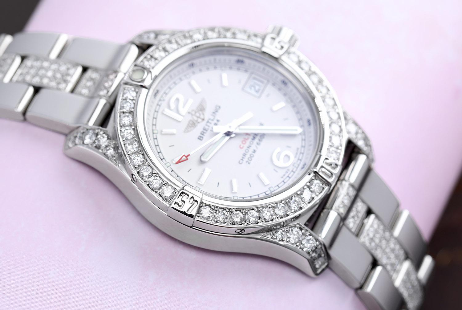 Modern Breitling Colt 33 A77388 White Dial Stainless Steel Ladies Watch with Diamonds For Sale