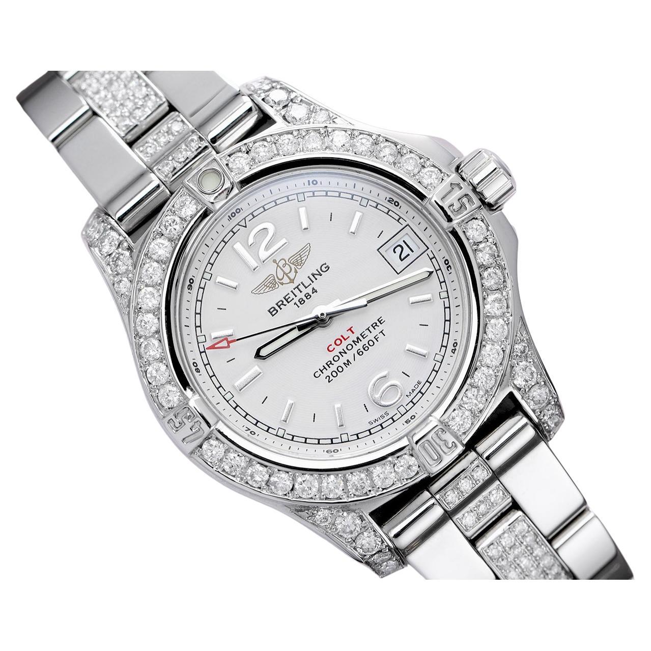 Breitling Montre pour femme 33 A77388 à cadran blanc en acier inoxydable et diamants
