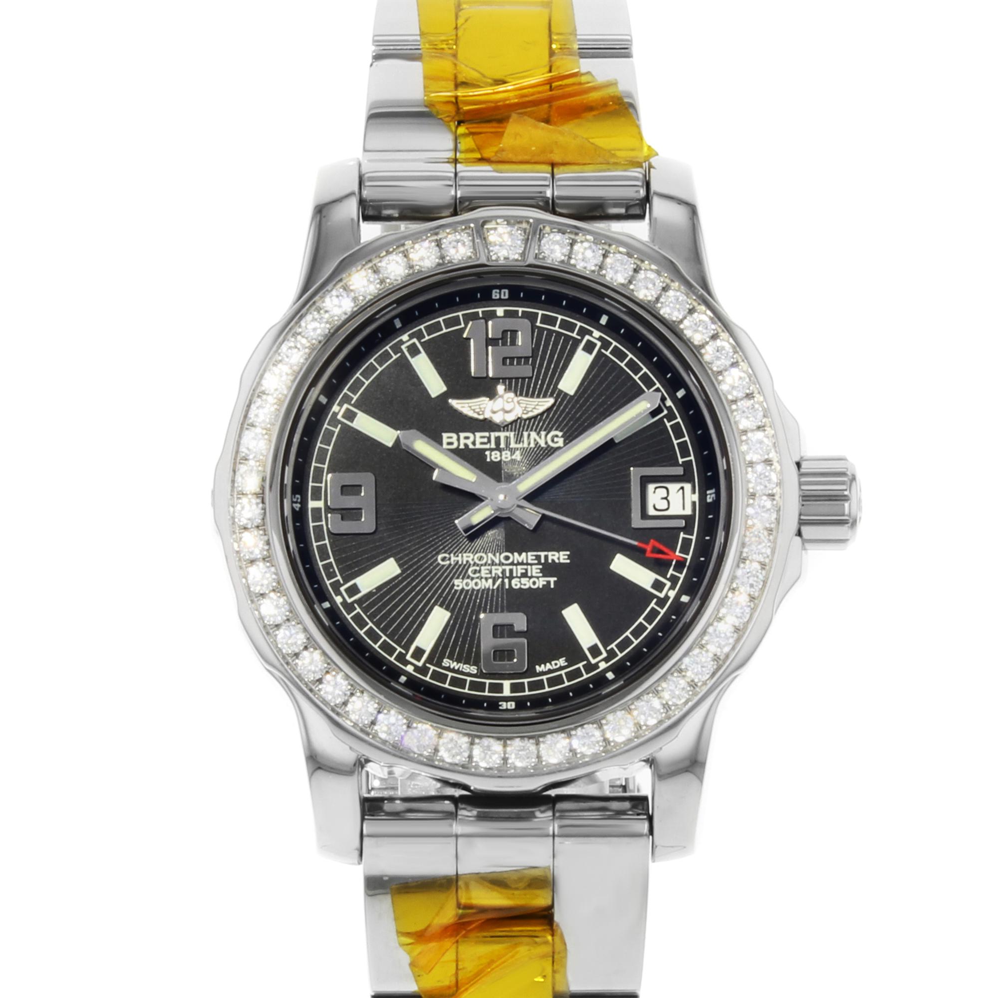 This display model Breitling Colt A7738753/BB51-158A is a beautiful Ladies timepiece that is powered by a quartz movement which is cased in a stainless steel case. It has a round shape face, date dial, and has hand sticks & numerals style markers.