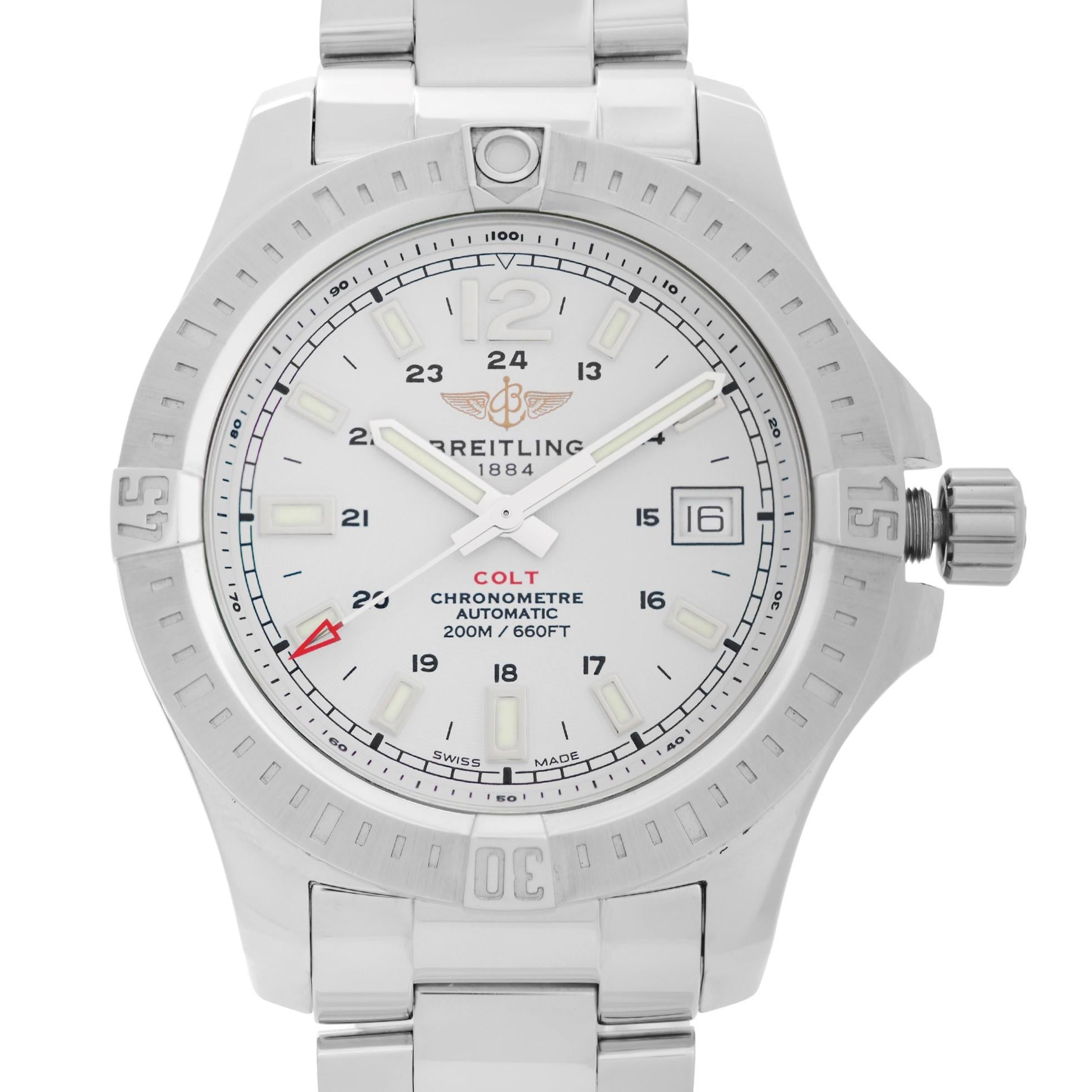 Store Display model. Breitling Colt 41 A17313101G1A1 Stainless Steel White Dial Automatic Mens Watch. This Beautiful Timepiece Features: Stainless Steel Case with a Stainless Steel Bracelet, Rotating Stainless Steel Bezel, White Dial with Luminous