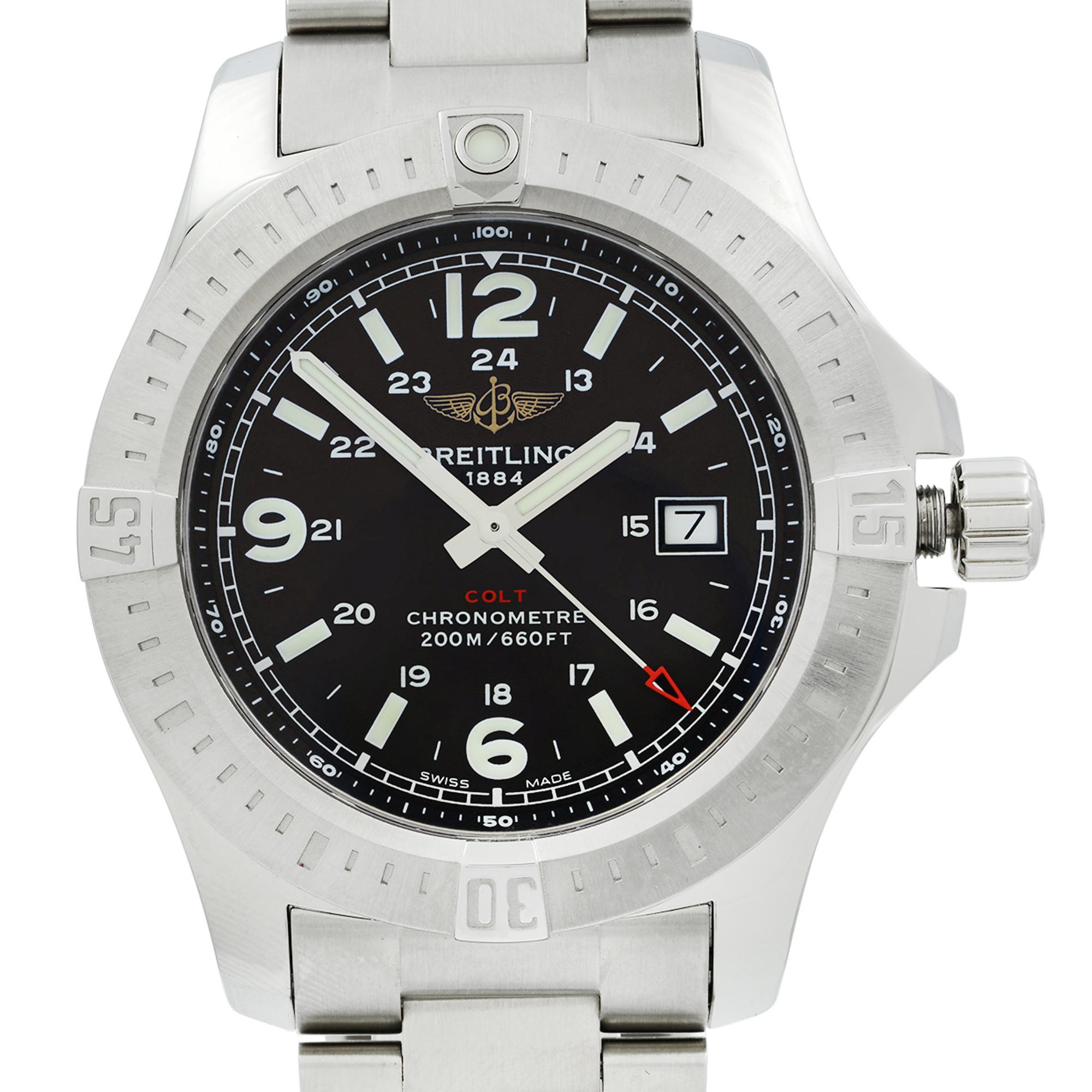 This watch is unworn. Comes with Original Box and Papers. Covered By 3 Year Chronostore Warranty.
Details:
Brand Breitling
Color Black
Department Men
Model Number A7438811/BD45-173A
Model Breitling Colt
Style Dress/Formal
Movement mQuartz
Band Color