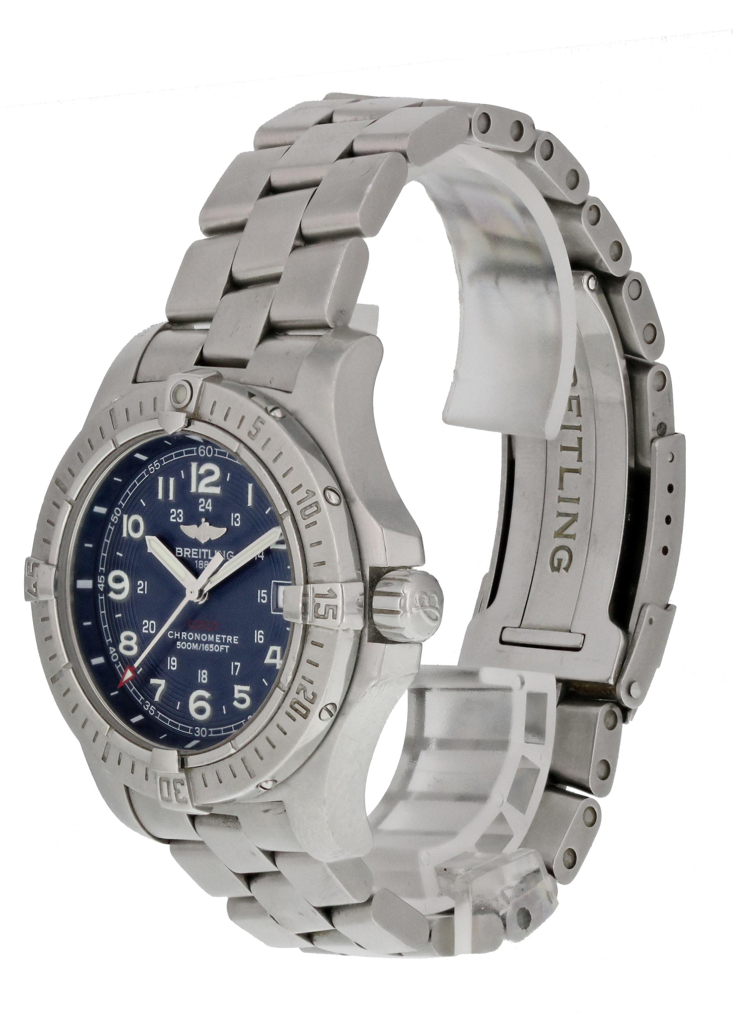 Breitling Colt A74380 Men Watch. 
41mmmm Stainless Steel case. 
Stainless Steel Unidirectional bezel. 
Blue dial with Luminous Steel hands and Arabic numeral hour markers. 
Minute markers on the inner dial. 
Date display at the 3 o'clock position.