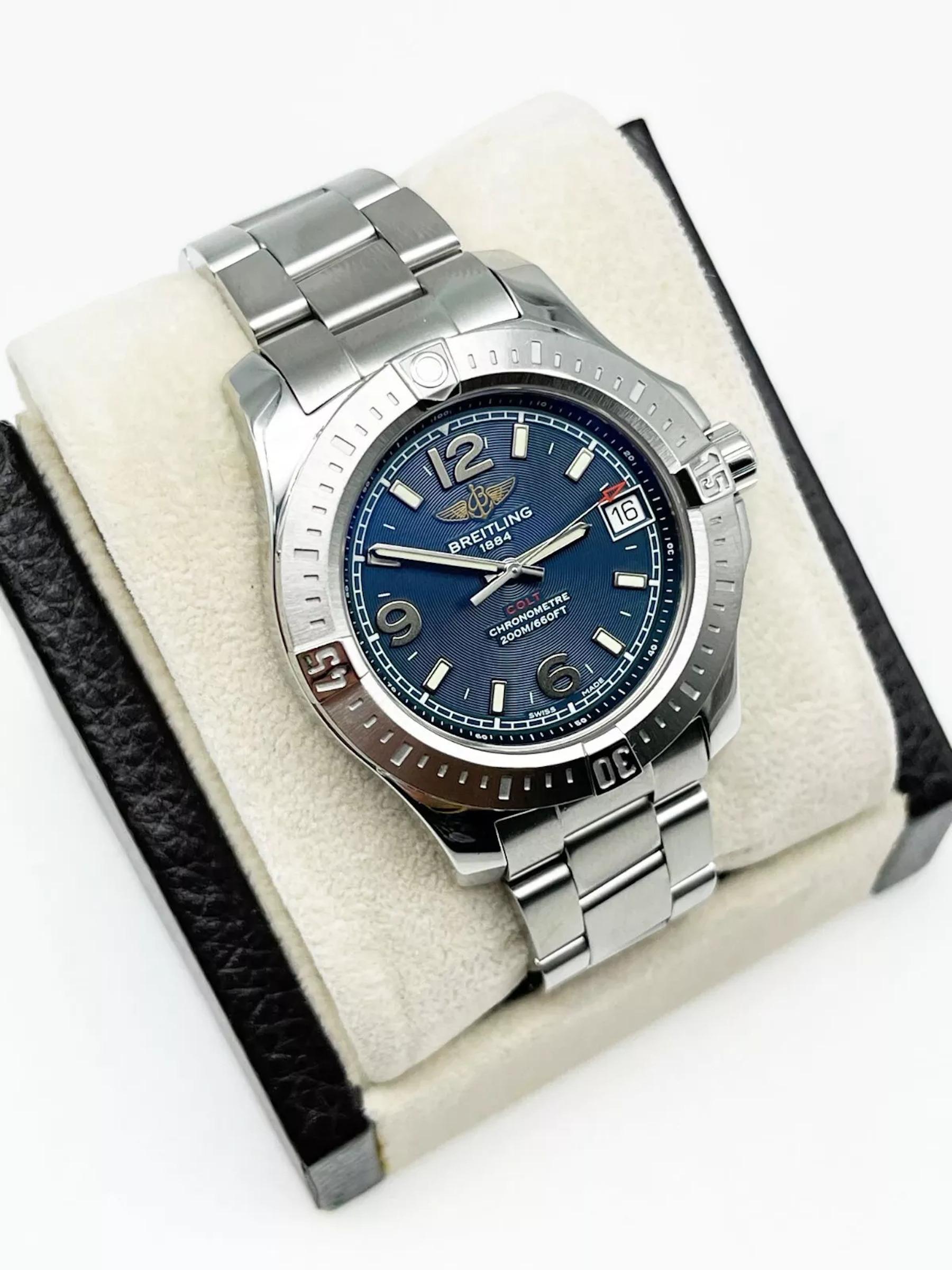 Breitling Colt A74389 36mm Blue Dial Stainless Steel Box Booklet In Excellent Condition For Sale In San Diego, CA