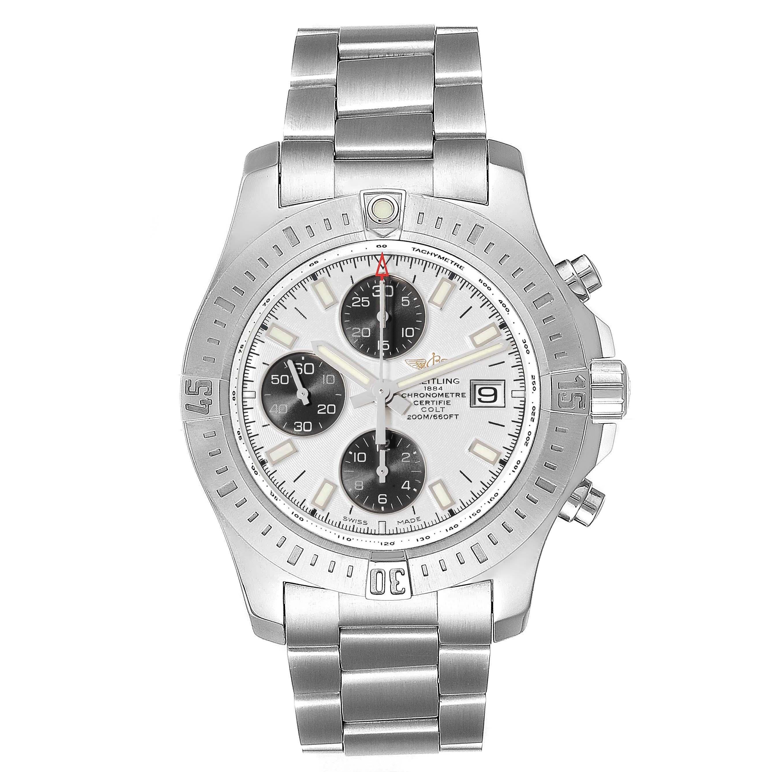 Breitling Colt Automatic Chronograph Steel Mens Watch A13388 Box Card In Excellent Condition For Sale In Atlanta, GA