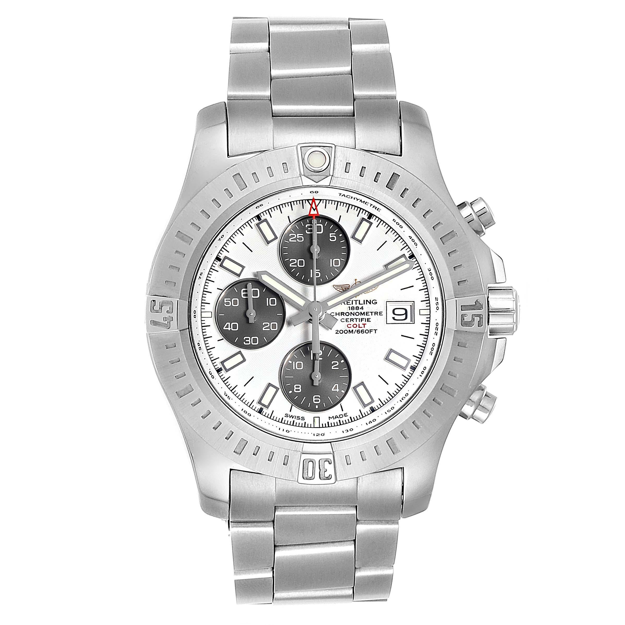 Breitling Colt Automatic Chronograph White Dial Watch A13388 Box Card. Automatic self-winding chronometer movement. Stainless steel case 44mm in diameter. Breitling logo on a crown. Stainless steel unidirectional rotating bezel. 0-60 elapsed-time.