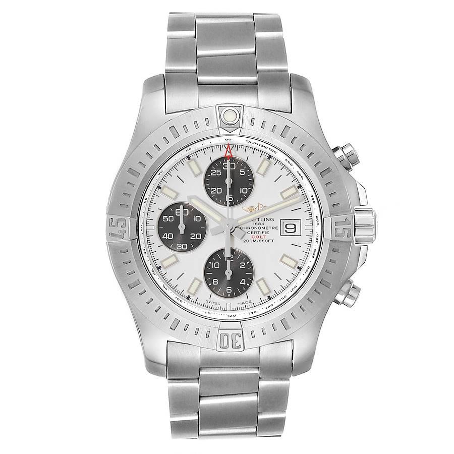 Breitling Colt Automatic Chronograph White Dial Watch A13388 Box Card. Automatic self-winding chronometer movement. Stainless steel case 44mm in diameter. Breitling logo on a  crown. Stainless steel unidirectional rotating bezel. 0-60 elapsed-time.