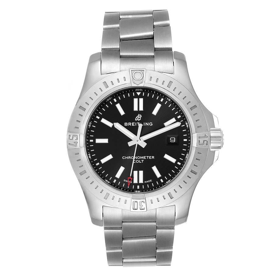 Breitling Colt Black Dial Automatic Steel Mens Watch A17388. Automatic self-winding chronometer movement. Stainless steel case 44.0 mm in diameter. Breitling logo on a crown. Case thickness: 11.25 mm. Stainless steel unidirectional rotating bezel.