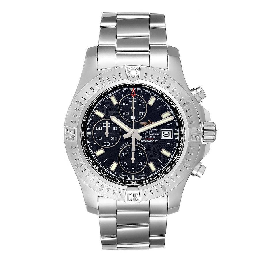 Breitling Colt Black Dial Limited Edition Steel Mens Watch A13388 Box Papers. Automatic self-winding chronometer movement. Stainless steel case 44 mm in diameter. Breitling logo on the crown. Stainless steel unidirectional rotating bezel. 0-60