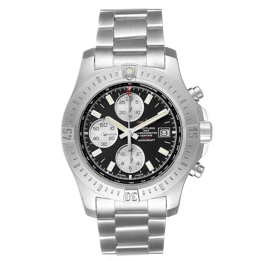 Breitling Colt Black Dial Stainless Steel Mens Watch A13388 Box. Automatic self-winding chronometer movement. Stainless steel case 44 mm in diameter. Breitling logo on a crown. Stainless steel unidirectional rotating bezel. 0-60 elapsed-time. Four
