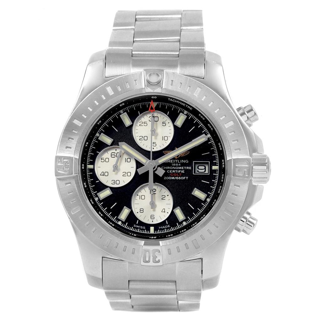 Breitling Colt Black Dial Stainless Steel Mens Watch A13388 Box Papers. Automatic self-winding chronometer movement. Stainless steel case 44 mm in diameter. Breitling logo on a crown. Stainless steel unidirectional rotating bezel. 0-60 elapsed-time.