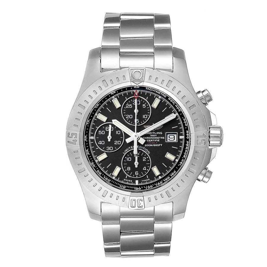 Breitling Colt Black Dial Stainless Steel Mens Watch A13388 Box Papers. Automatic self-winding chronometer movement. Stainless steel case 44 mm in diameter. Breitling logo on a crown. Stainless steel unidirectional rotating bezel. 0-60 elapsed-time.