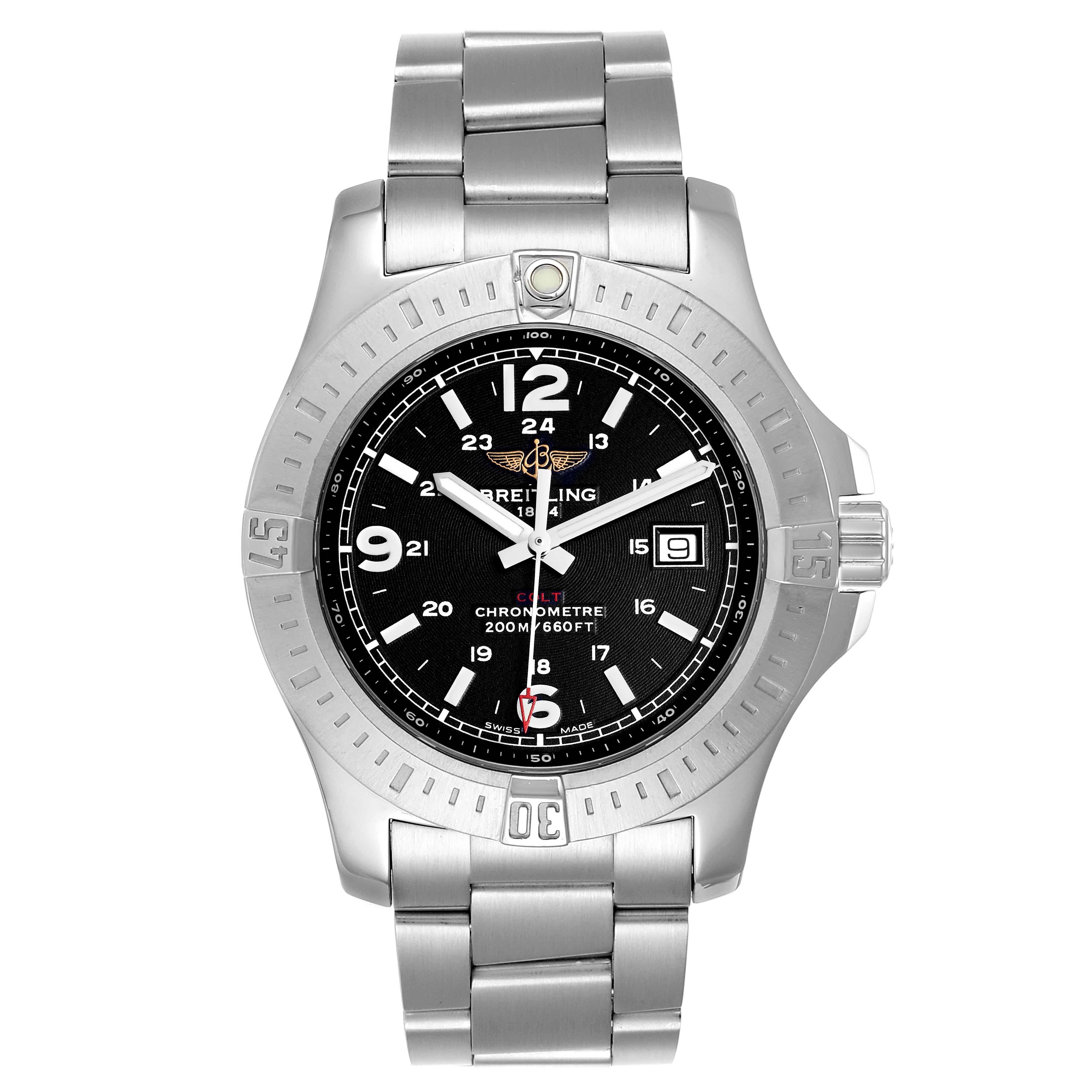 Breitling Colt Black Dial Stainless Steel Mens Watch A74388. Automatic self-winding movement. Stainless steel case 44 mm in diameter. Breitling logo on a crown. Stainless steel unidirectional rotating bezel. 0-60 elapsed-time. Four 15 minute