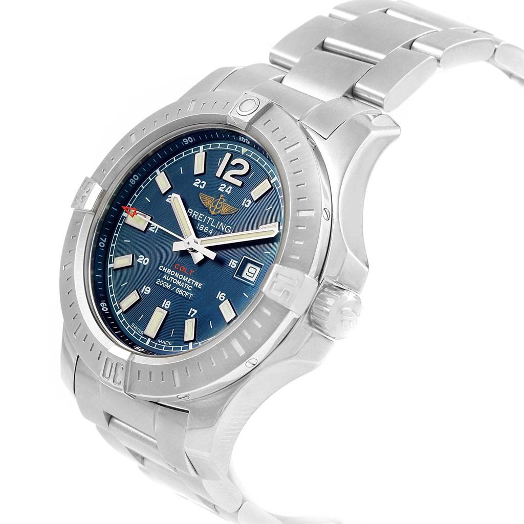 Breitling Colt Blue Baton Dial Automatic Steel Mens Watch A17388 . Automatic self-winding chronometer movement. Stainless steel case 44.0 mm in diameter. Breitling logo on a crown. Case thickness: 11.25 mm. Stainless steel unidirectional rotating