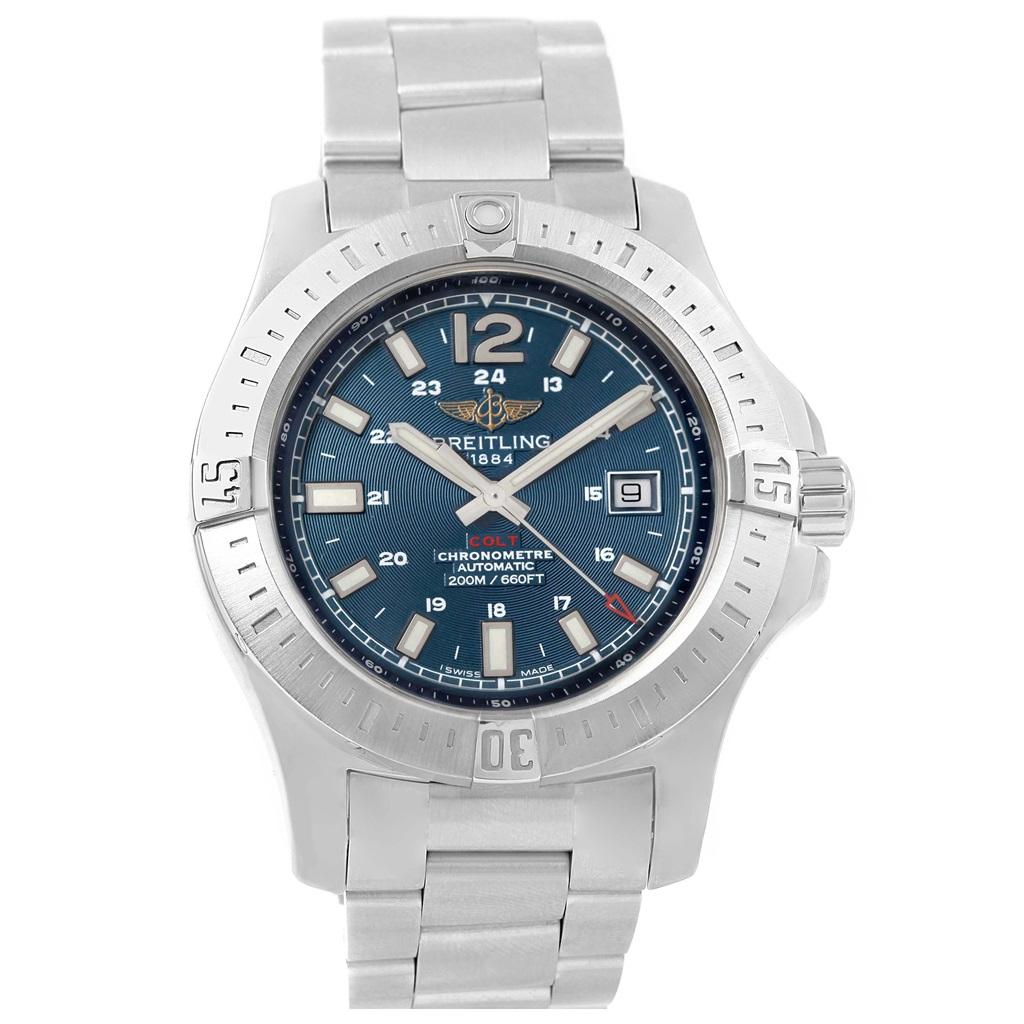 Breitling Colt Blue Baton Dial Automatic Steel Men's Watch A17388 In Excellent Condition For Sale In Atlanta, GA