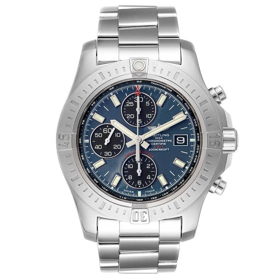 Breitling Colt Blue Dial Automatic Chronograph Steel Mens Watch A13388 Box Paper. Automatic self-winding chronometer movement. Stainless steel case 44mm in diameter. Breitling logo on a crown. Stainless steel unidirectional rotating bezel. 0-60