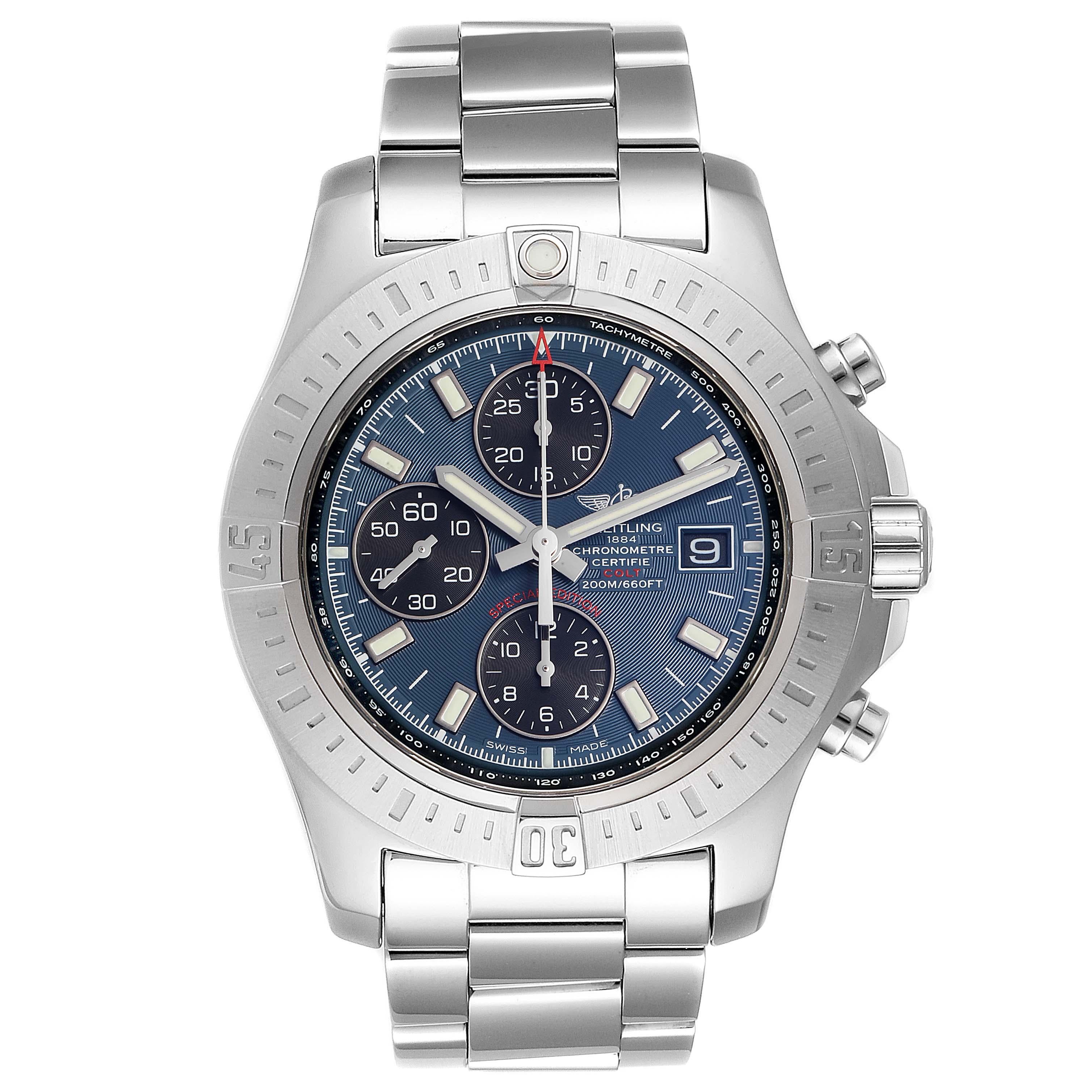 Breitling Colt Blue Dial Automatic Chronograph Steel Mens Watch A13388. Automatic self-winding chronometer movement. Stainless steel case 44mm in diameter. Breitling logo on a crown. Stainless steel unidirectional rotating bezel. 0-60 elapsed-time.