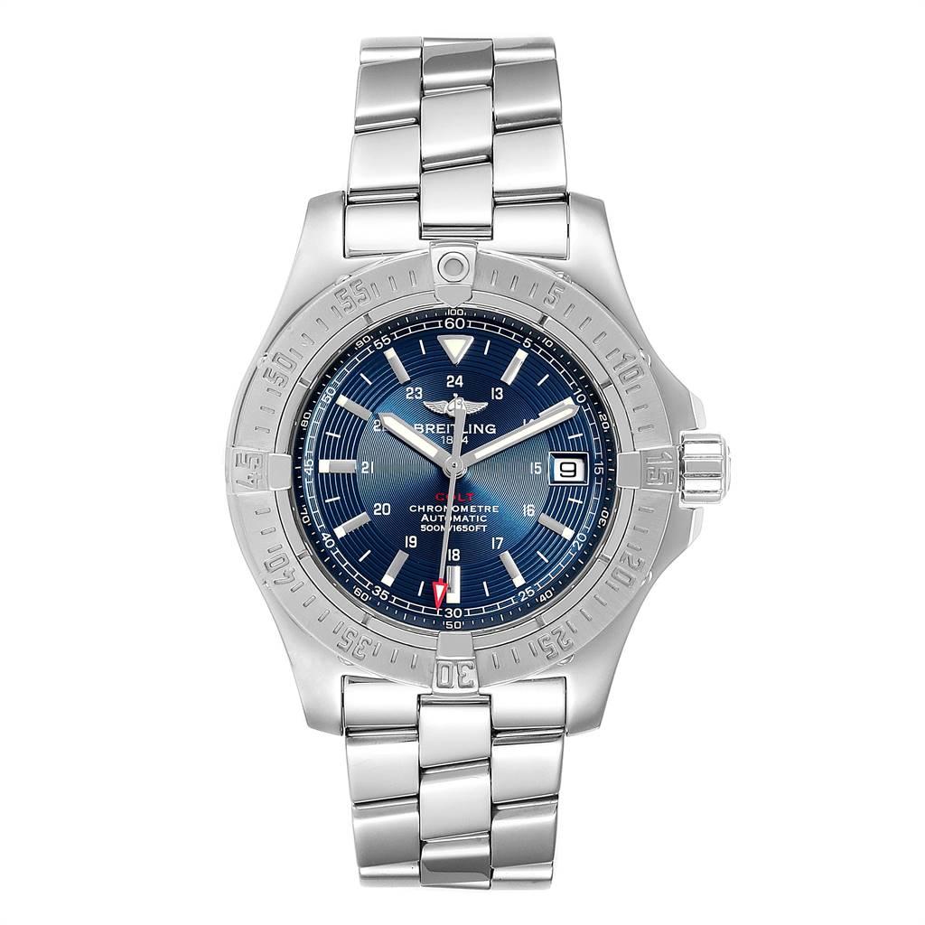 Breitling Colt Blue Dial Automatic Steel Mens Watch A17380. Automatic self-winding chronometer movement. Stainless steel case 41 mm in diameter. Breitling logo on a crown. Stainless steel unidirectional rotating bezel. 0-60 elapsed-time. Four 15