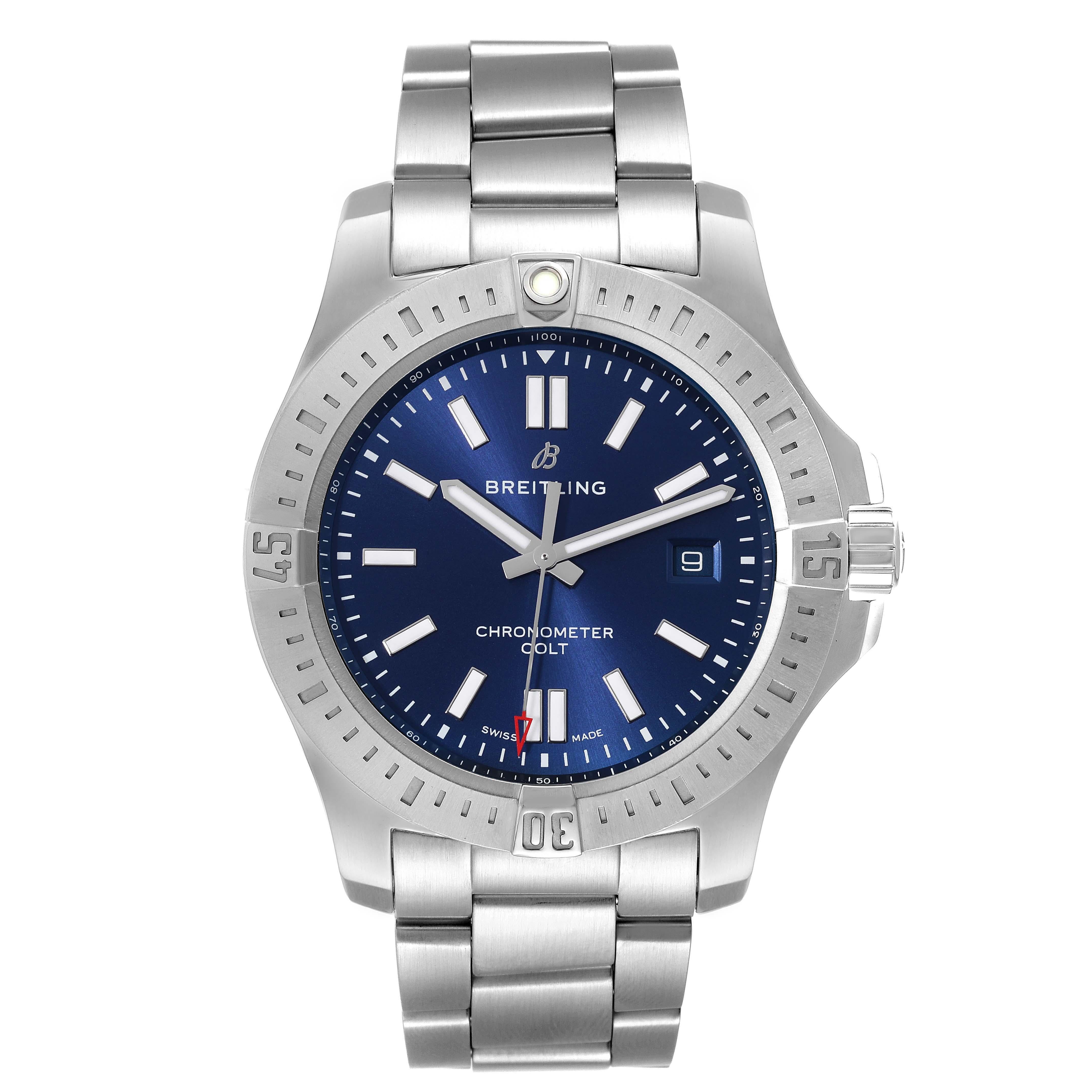 Breitling Colt Blue Dial Automatic Steel Mens Watch A17388 Box Card. Automatic self-winding chronometer movement. Stainless steel case 44.0 mm in diameter. Breitling logo on a crown. Case thickness: 11.25 mm. Stainless steel unidirectional rotating