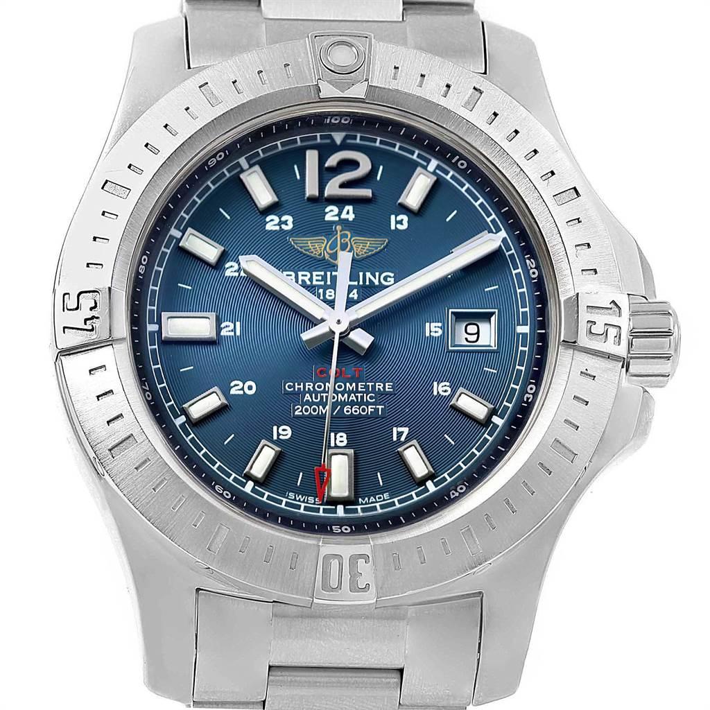 Breitling Colt Blue Dial Automatic Steel Mens Watch A17388 Box Papers. Automatic self-winding chronometer movement. Stainless steel case 44.0 mm in diameter. Breitling logo on a crown. Case thickness: 11.25 mm. Stainless steel unidirectional
