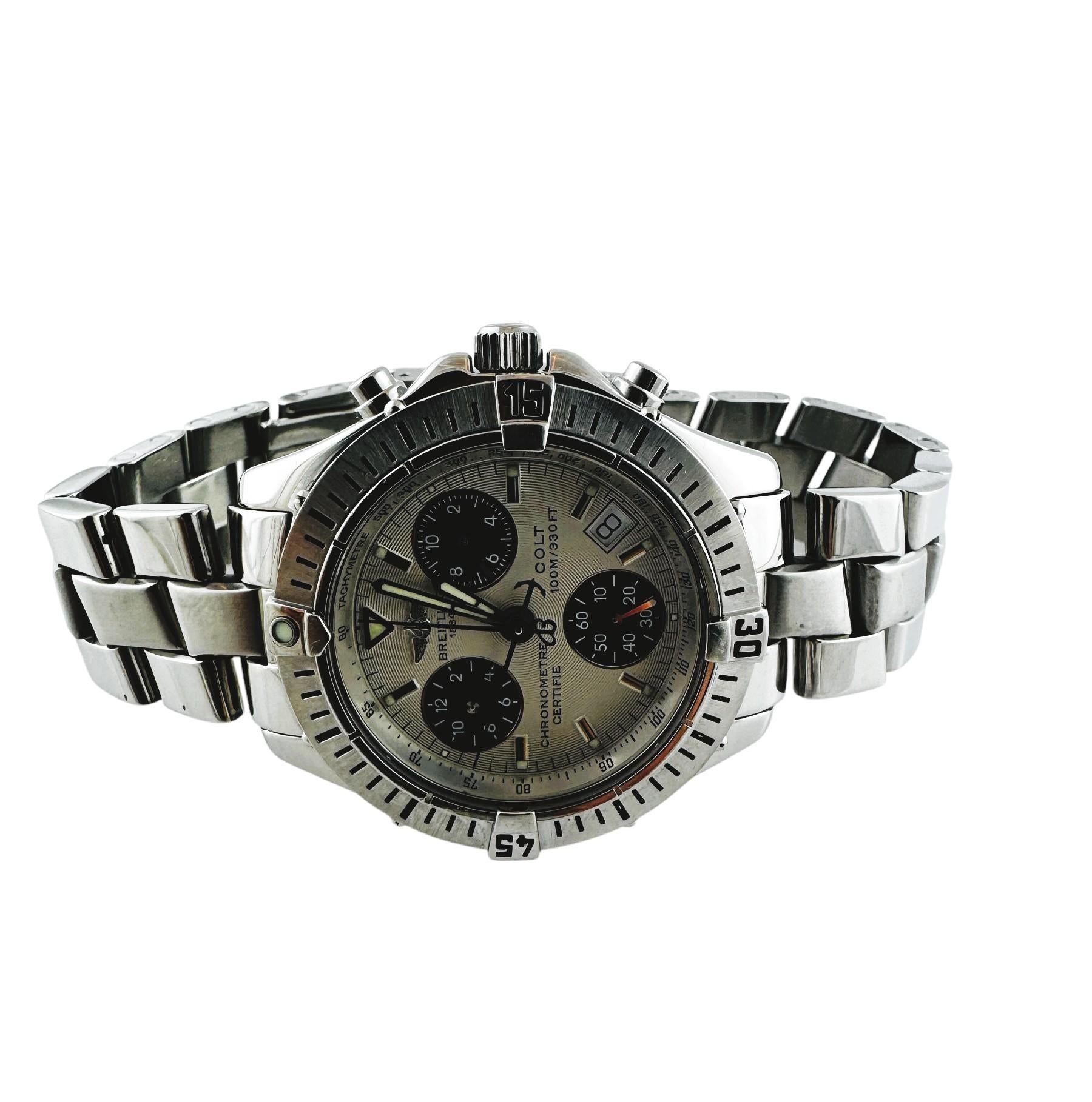 Contemporary Breitling Colt Chronograph A73350 Silver Blue Dial Quartz Watch #20813 For Sale