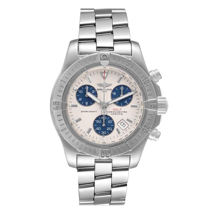 Breitling Colt Chronograph Silver Dial Blue Subdials Steel Mens Watch A73380. Quartz movement. Stainless steel case 40 mm in diameter. Breitling logo on a  crown. Stainless steel unidirectional rotating bezel. 0-60 elapsed-time. Four 15 minute