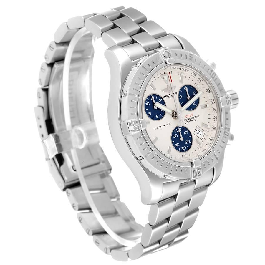 Breitling Colt Chronograph Silber Zifferblatt Blaue Subdials Stahl-Herrenuhr A73380 im Zustand „Hervorragend“ in Atlanta, GA