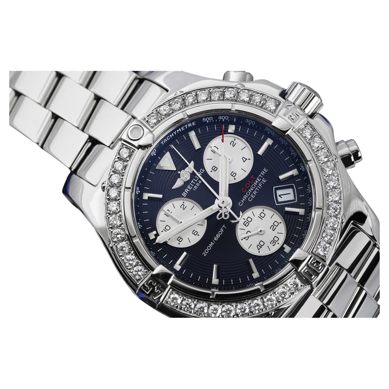 Breitling Colt Chronograph Stainless Steel Watch with Diamond Bezel Black Dial For Sale
