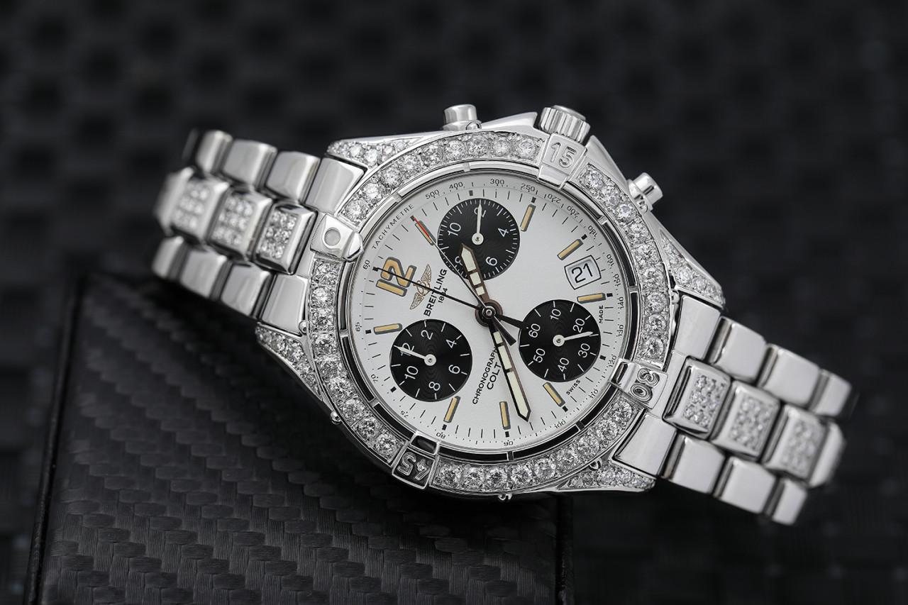 Breitling Colt Cronografo Quadrante Bianco Orologio Unisex Custom Diamond A53035 In condizioni ottime in vendita a New York, NY
