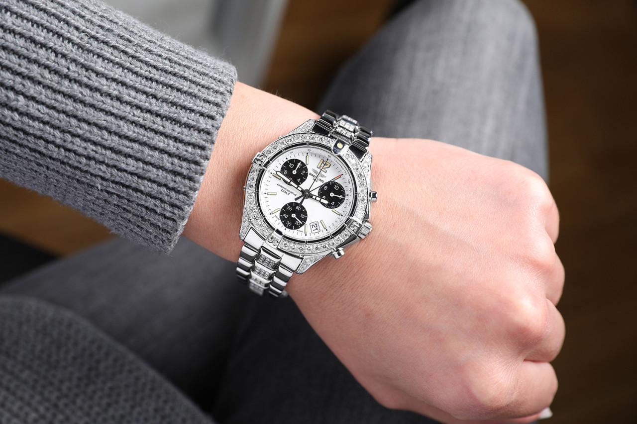 Breitling Colt Chronograph White Dial Custom Diamond Unisex Watch A53035 In Excellent Condition For Sale In New York, NY