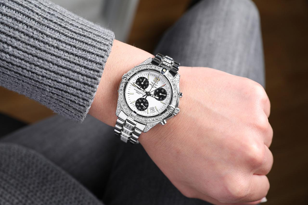 Breitling Colt Cronografo Quadrante Bianco Orologio Unisex Custom Diamond A53035 in vendita 3