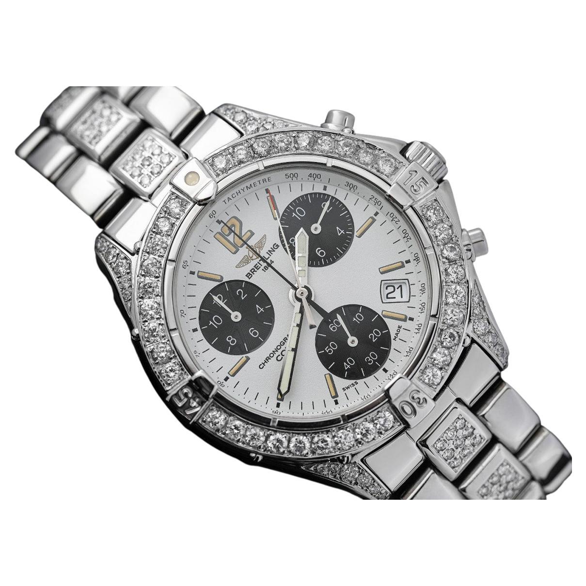 Breitling Colt Chronograph White Dial Custom Diamond Unisex Watch A53035 For Sale