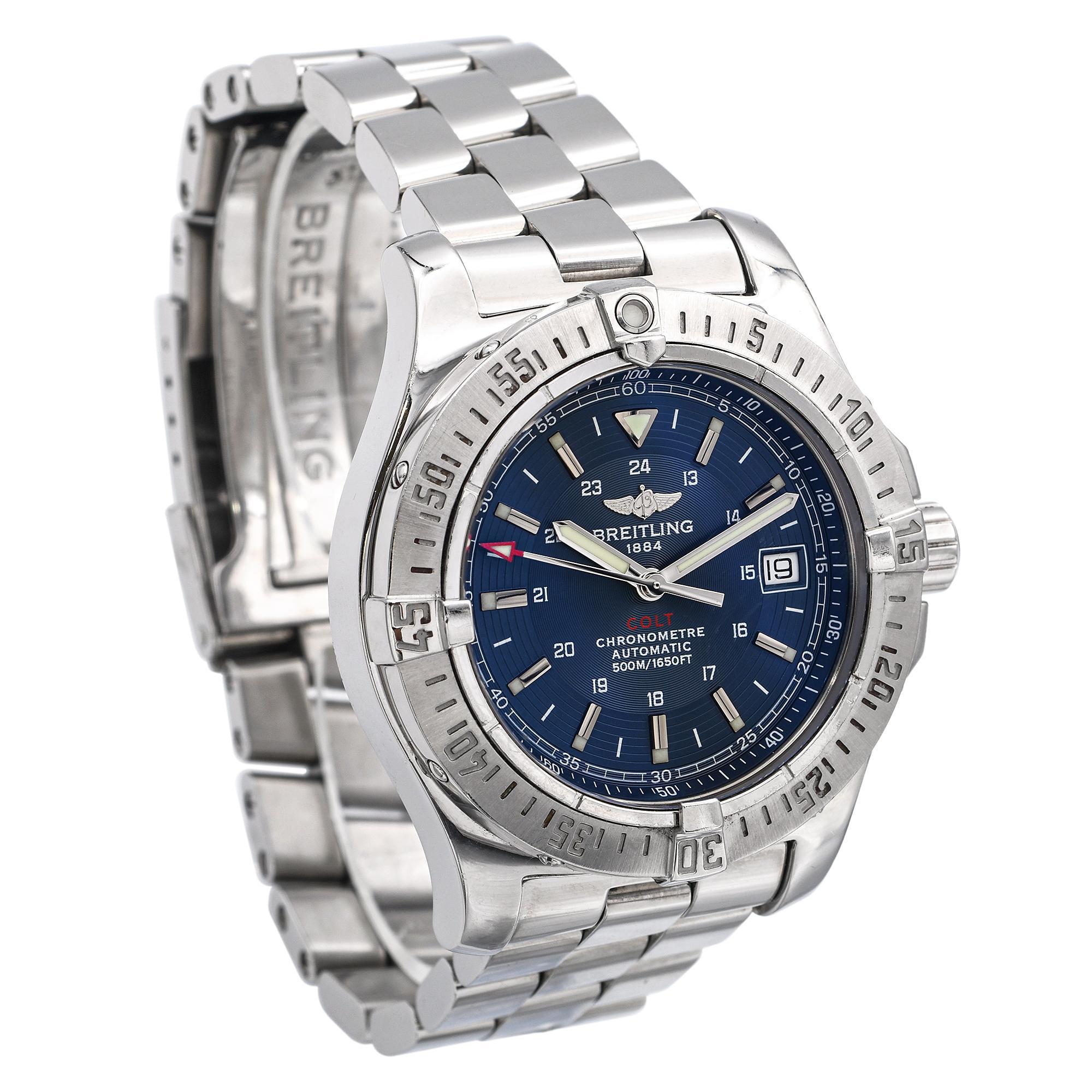 The Breitling Colt Automatic A17380 combines rugged functionality with classic aesthetics. Its 41 mm stainless steel case houses the reliable Breitling Caliber 17 movement, offering a power reserve of approximately 42 hours. The watch's impressive