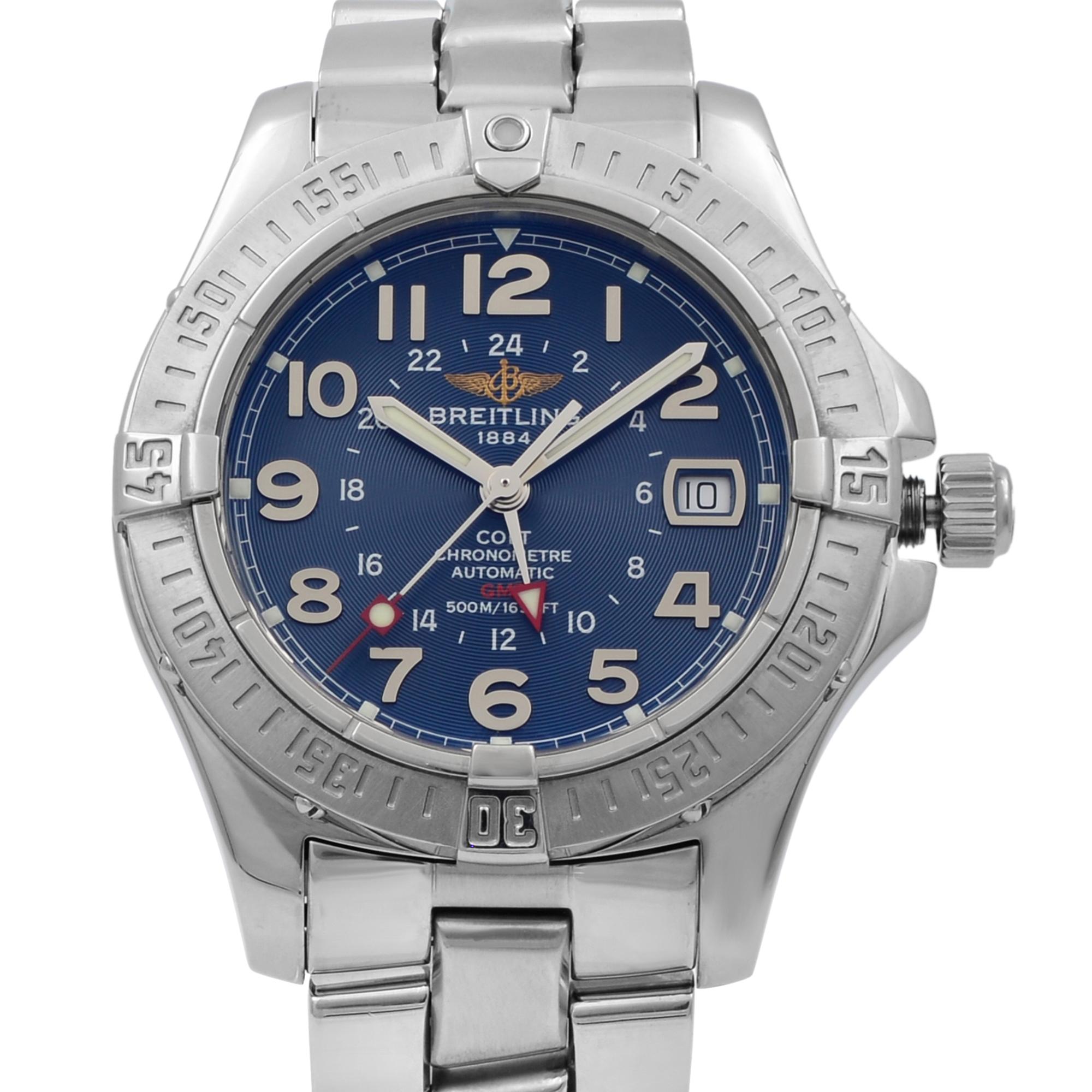 This pre-owned Breitling Colt A32350 is a beautiful men's timepiece that is powered by mechanical (automatic) movement which is cased in a stainless steel case. It has a round shape face, date indicator, dual time dial and has hand arabic numerals