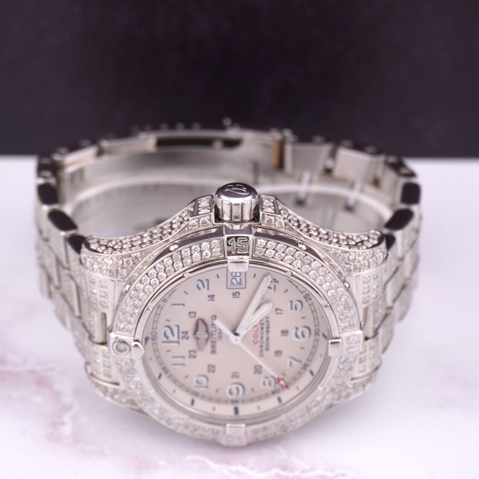 Breitling Colt II Quartz Mens 41mm Iced Out 13ct Diamond White Dial Ref A74380 In Good Condition For Sale In Pleasanton, CA