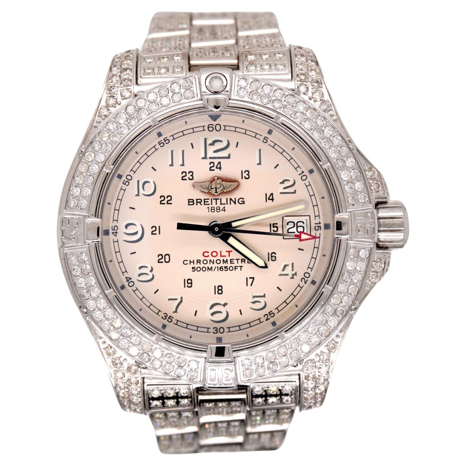 Breitling Colt II Quartz Mens 41mm Iced Out 13ct Diamond White Dial Ref A74380 For Sale