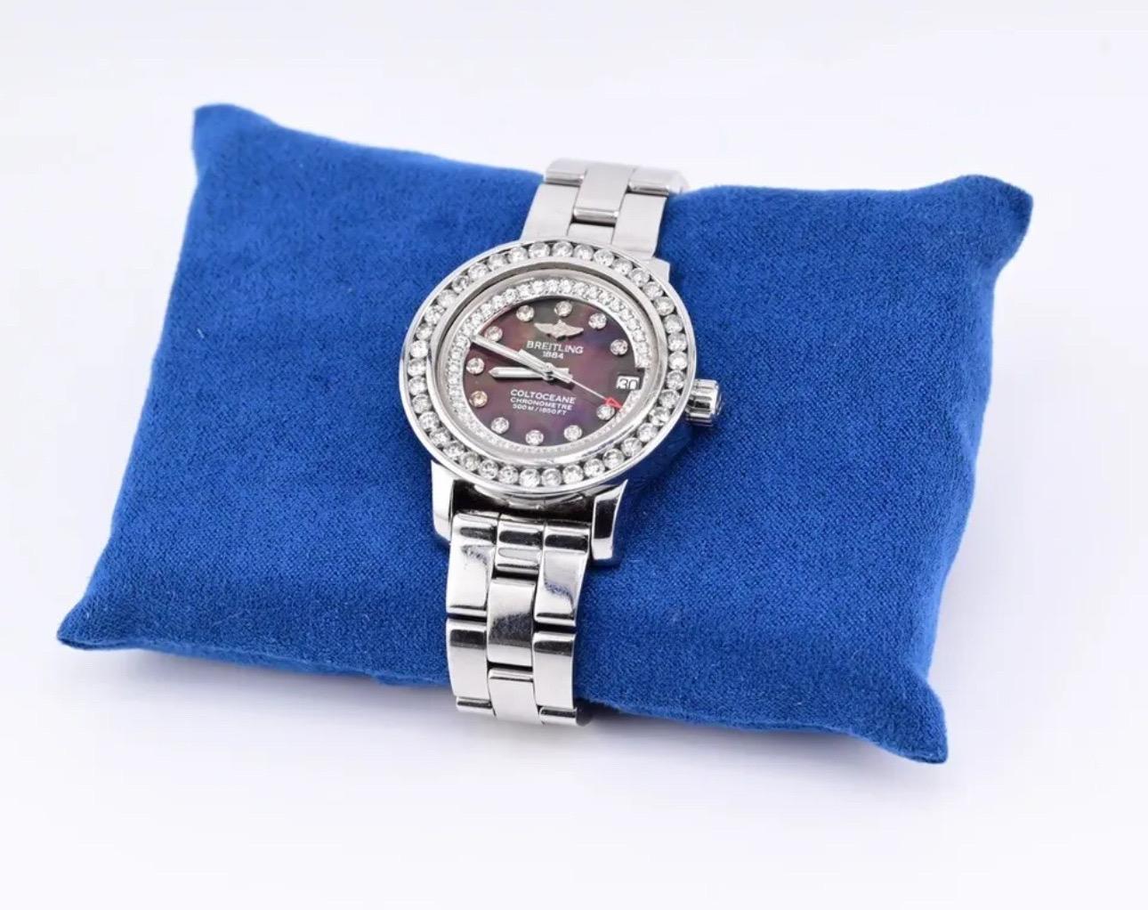 Breitling Colt Ocean 32mm Black Mother of Pearl Ladies Steel Watch Ref A77380 In Good Condition In Media, PA