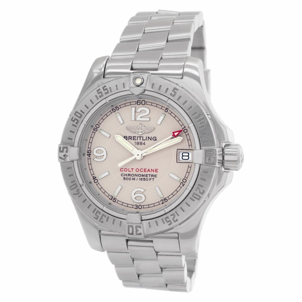 Breitling Colt Ocean in stainless steel. Quartz w/ sweep seconds and date. Ref A77380. Circa: 2000s Fine Pre-owned Breitling Watch. Certified preowned Sport Breitling Colt Ocean A77380 watch is made out of Stainless steel on a Stainless Steel